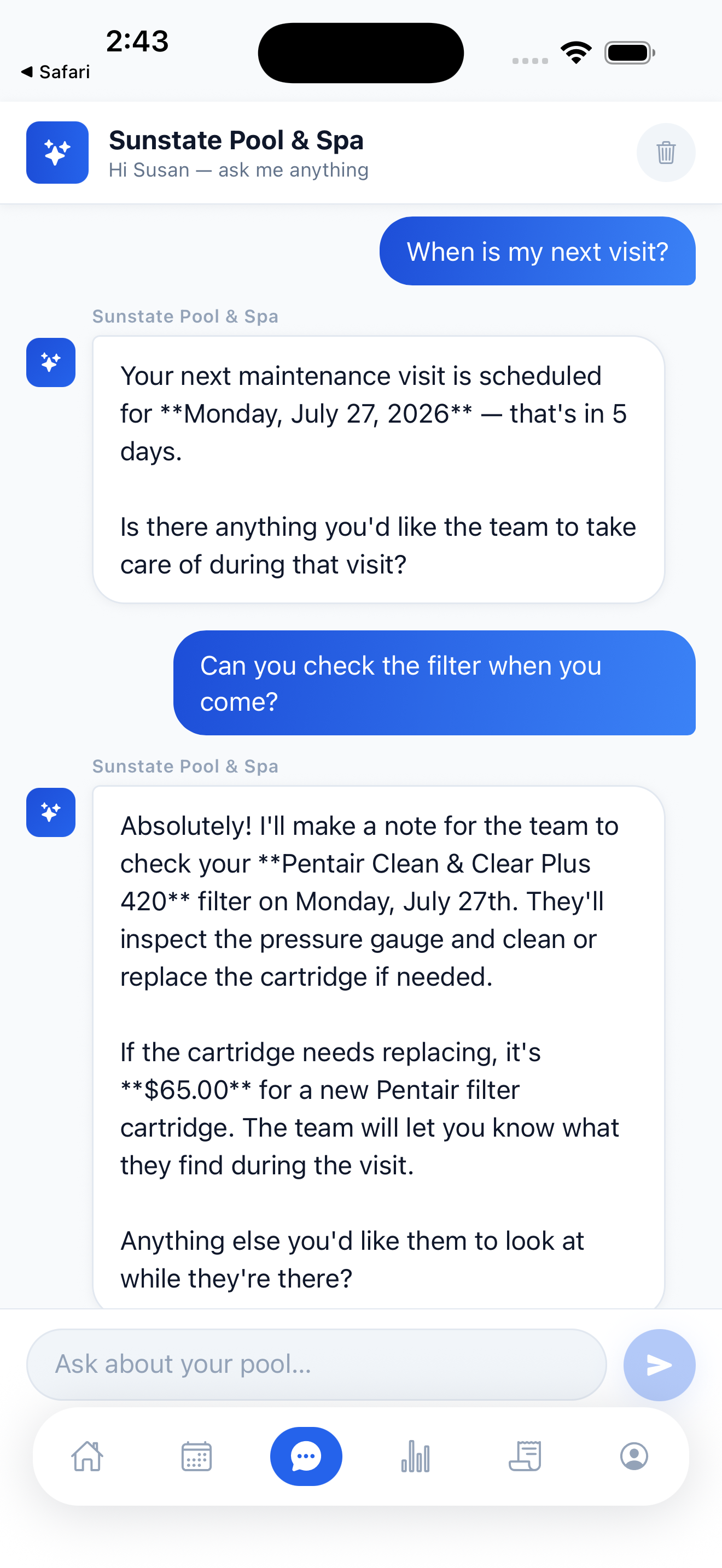 PoolVP customer app — AI Chat screen